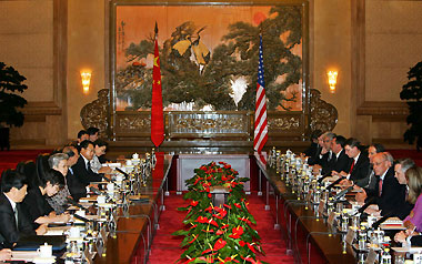 U.S. Treasury Secretary Henry Paulson (3rd R) speaks to Chinese Vice Premier Wu Yi (3rd L) during official bilateral talks at the Great Hall of the People in Beijing September 20, 2006.