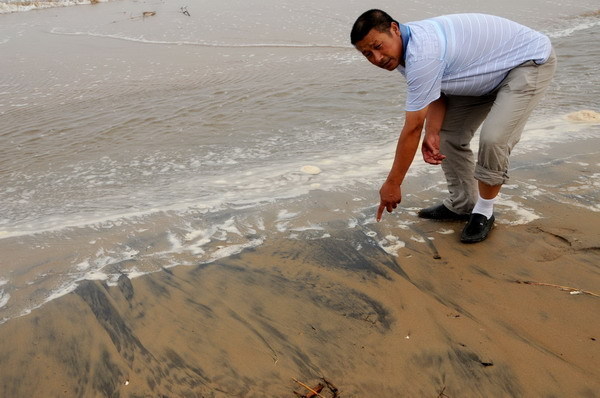 Yang Jizhen, president of the seafood cultivation association of Leting county, points to the beach polluted by oil in Leting county, Hebei province, which is located by Bohai Bay, July 25, 2011. CNOOC vows to improve supervision after oil spills