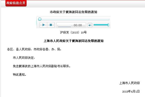 戴海波被免去上海市人民政府副秘書長職務
