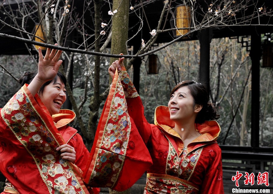 立春時(shí)節(jié)民眾著唐裝在甫草堂賞梅花