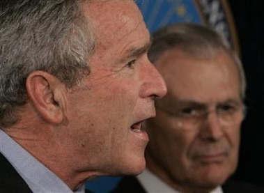 President Bush makes a statement at the Pentagon on the war on terror, Thursday, Sept. 22, 2005, after attending a briefing there. 