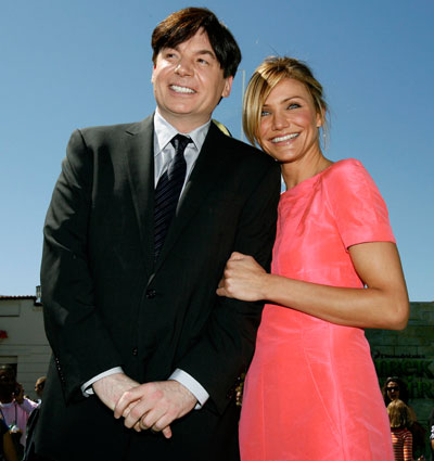Cast member Mike Myers (L), who gives the voice to