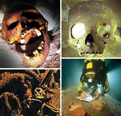 沉船遺骸 探秘不為人知的海底墳?zāi)?/></p>

<p>　　上圖中這個(gè)恐怖的骷髏頭是海底考古學(xué)家在墨西哥附近海域，發(fā)現(xiàn)的被瑪雅人當(dāng)做祭品處死的人類遺骸，與它一起被發(fā)現(xiàn)的還有另外18具人類骸骨。左下角這張圖片中，一具幾乎完整的人類尸骨被發(fā)現(xiàn)躺在一艘沉船船頭附近的錨上。這艘船是La Belle號(hào)，于1686年在得克薩斯州附近海域沉沒。右下角是一具在墨西哥海底洞穴中發(fā)現(xiàn)的女性骷髏，她生活在距今1.36萬年前，是在美洲發(fā)現(xiàn)的年代最為久遠(yuǎn)的人類尸骨。</p>
</p>
</div>
</div>

<div   class=