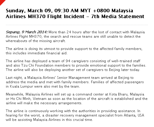 Live report on Malaysia Airlines flight MH370