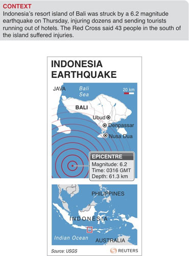 Map locating the Indonesian resort island of Bali which was struck by a 6.2 magnitude earthquake on Thursday. Quake shakes Indonesia's Bali